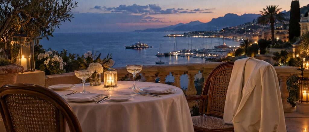 A Riviera hotel terrace at dusk, a table laid for two