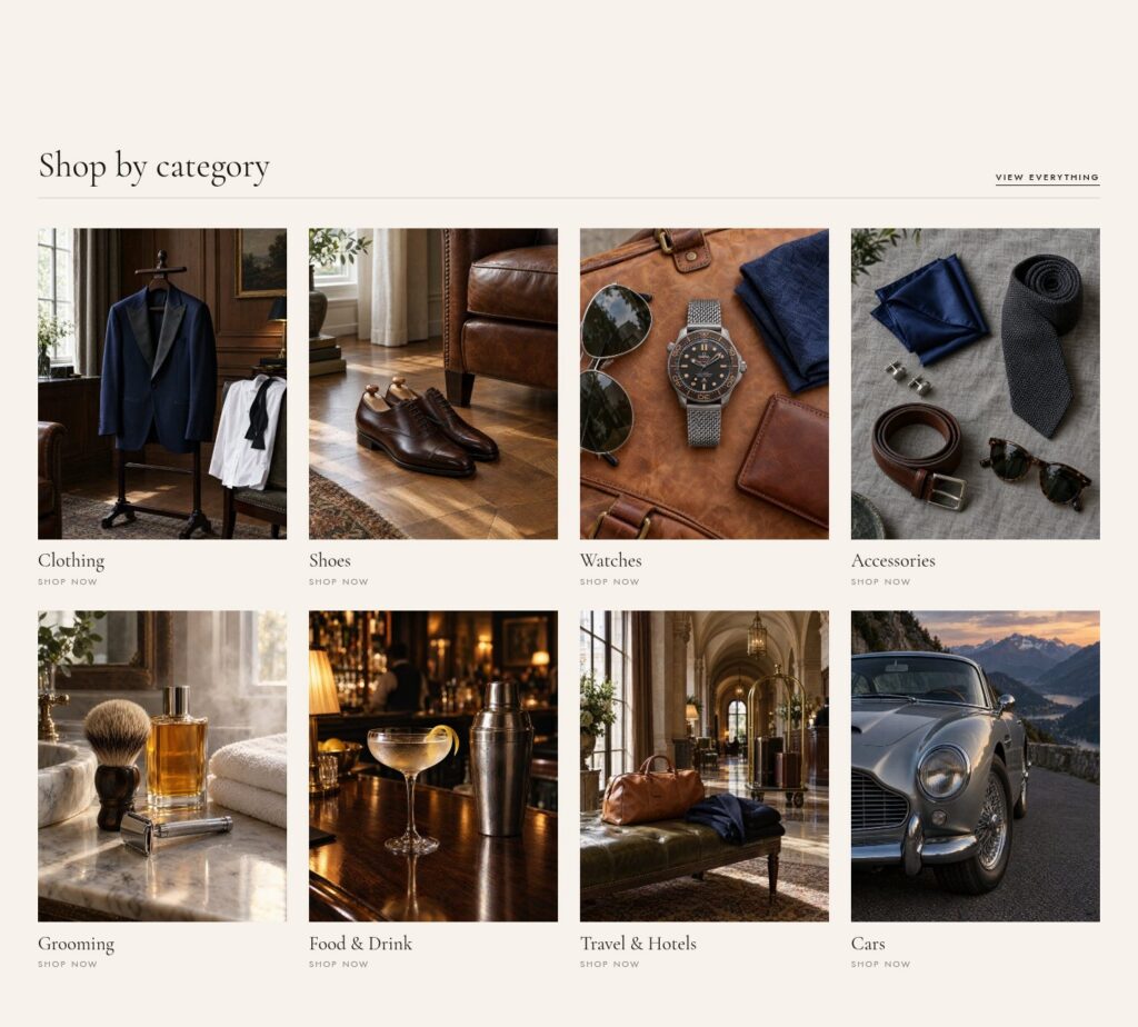 The Shop by category section of Life of Bond: clothing, shoes, watches, accessories, grooming, food and drink, travel and cars