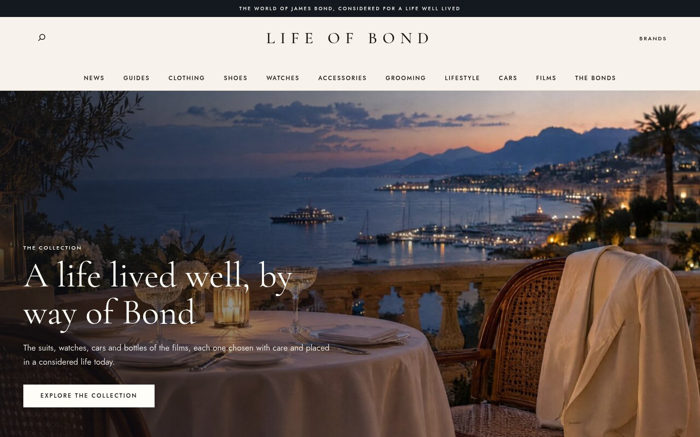 The Life of Bond homepage: a Riviera hotel terrace at dusk under the headline "A life lived well, by way of Bond"