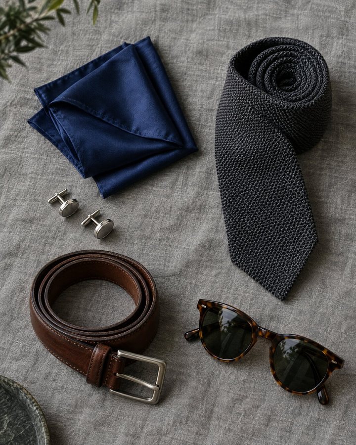 Cufflinks, a navy silk pocket square, a grenadine tie, a leather belt and sunglasses