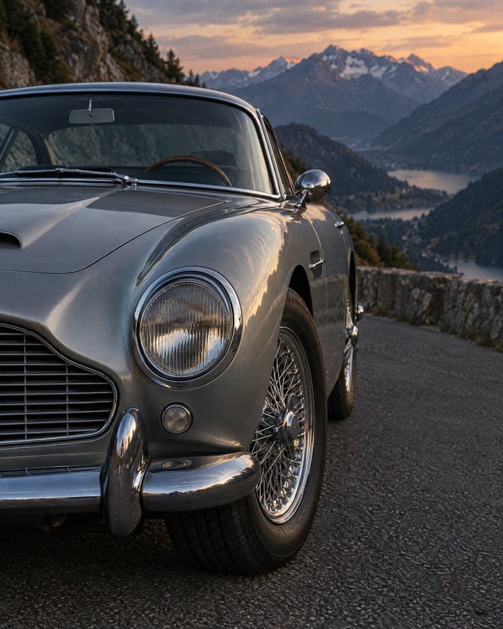 A silver 1960s grand tourer on an Alpine road at dusk