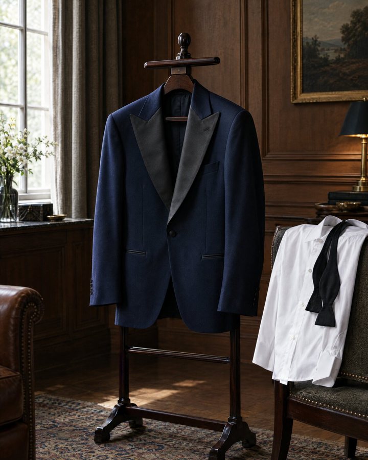 A midnight-blue dinner jacket on a valet stand beside a white dress shirt