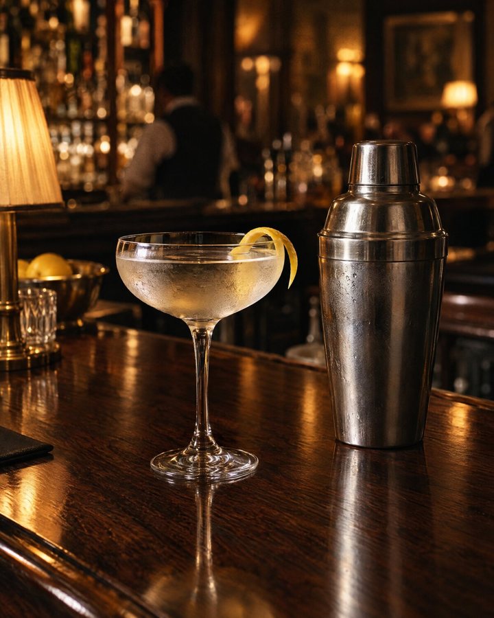 A dry martini with a lemon twist on a walnut hotel bar beside a silver shaker