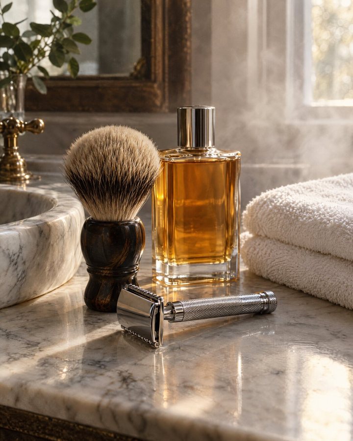 A shaving brush, safety razor and cologne on a marble washstand