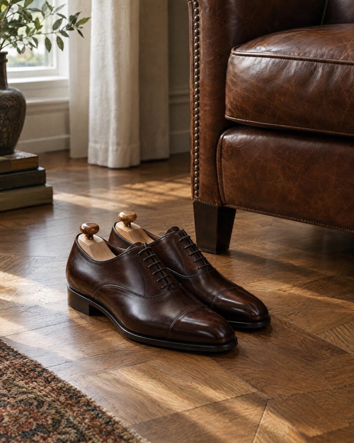 Dark brown leather oxford shoes with wooden shoe trees on a parquet floor