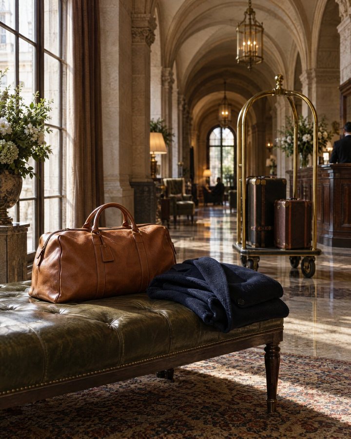 A tan leather holdall and navy overcoat in the lobby of a grand hotel
