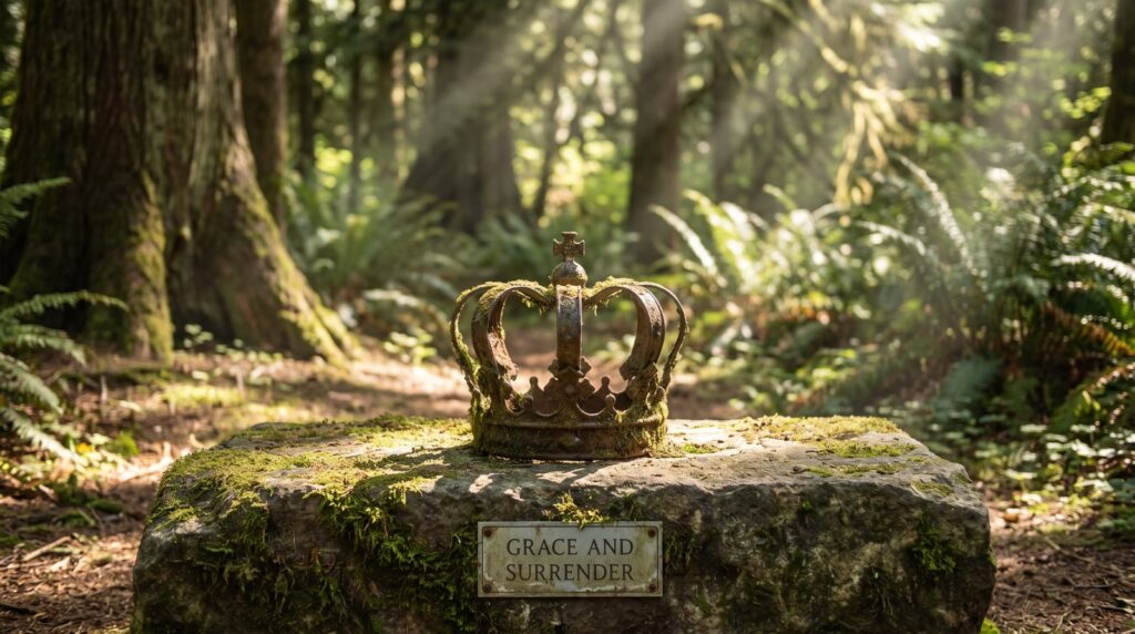 A golden crown resting on a mossy stone in a forest