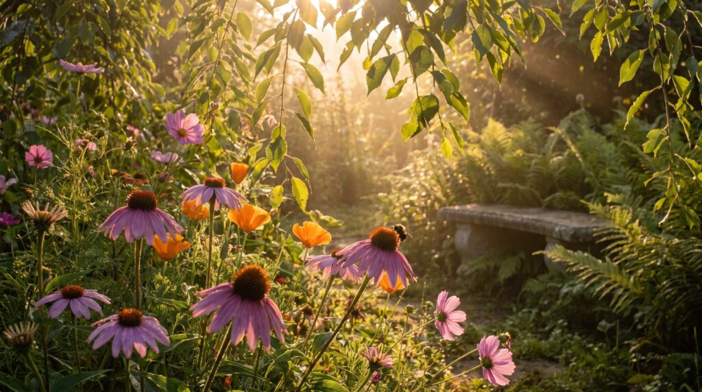 Wildflowers in a sunlit woodland clearing