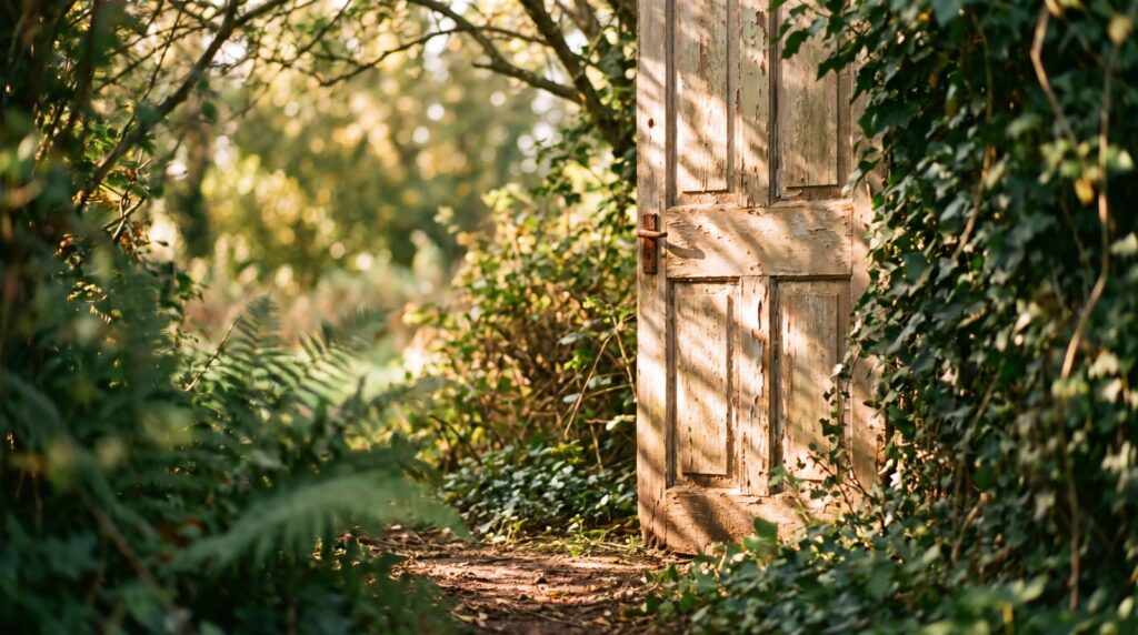 An open wooden door into a sunlit garden